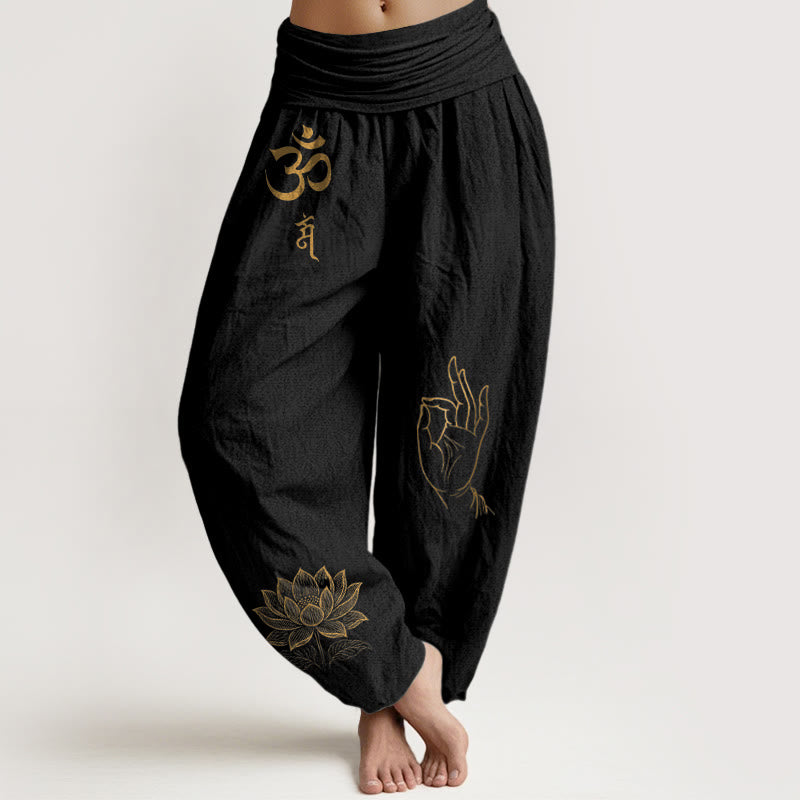 Buddha Stones, symbole Om Dhi, wzór dłoni Buddy z lotosem, damskie spodnie haremowe z elastyczną talią i bawełnianą podszewką - Czarny - US16, UK/AU20, EU48 (3XL) - image 0