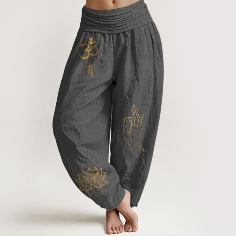 Buddha Stones, symbole Om Dhi, wzór dłoni Buddy z lotosem, damskie spodnie haremowe z elastyczną talią i bawełnianą podszewką - DimGray - US16, UK/AU20, EU48 (3XL) - image 8