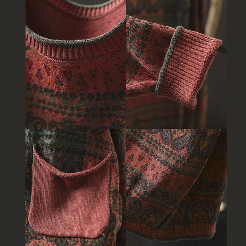 Sweter damski bawełniany z okrągłym dekoltem i kieszenią, z motywem Buddha Stones i motywem roślinnym - image 12