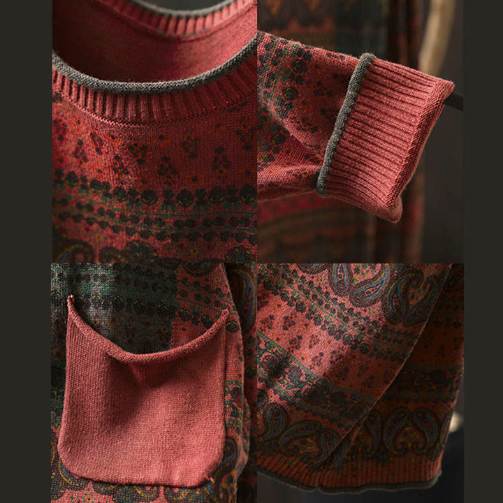 Sweter damski bawełniany z okrągłym dekoltem i kieszenią, z motywem Buddha Stones i motywem roślinnym - image 12