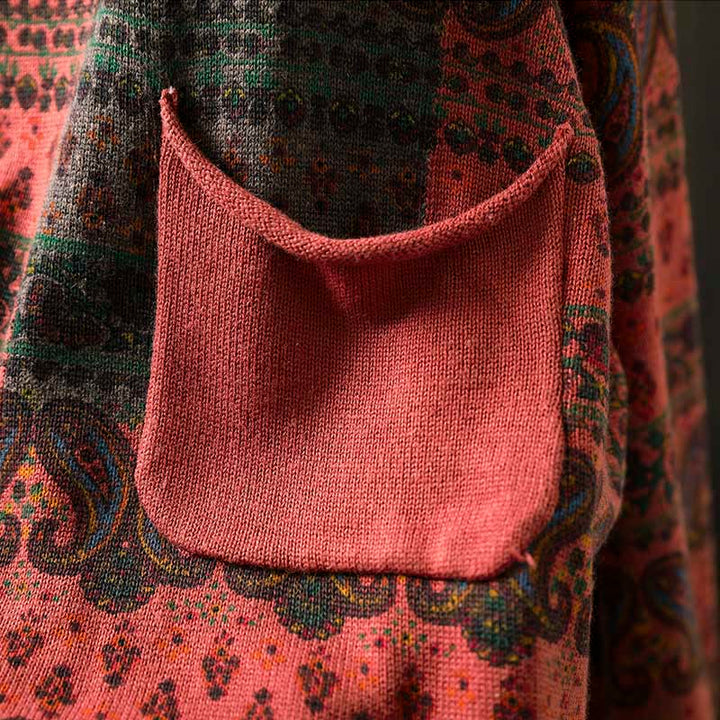 Sweter damski bawełniany z okrągłym dekoltem i kieszenią, z motywem Buddha Stones i motywem roślinnym - image 7