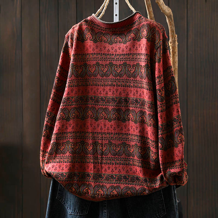 Sweter damski bawełniany z okrągłym dekoltem i kieszenią, z motywem Buddha Stones i motywem roślinnym - image 4