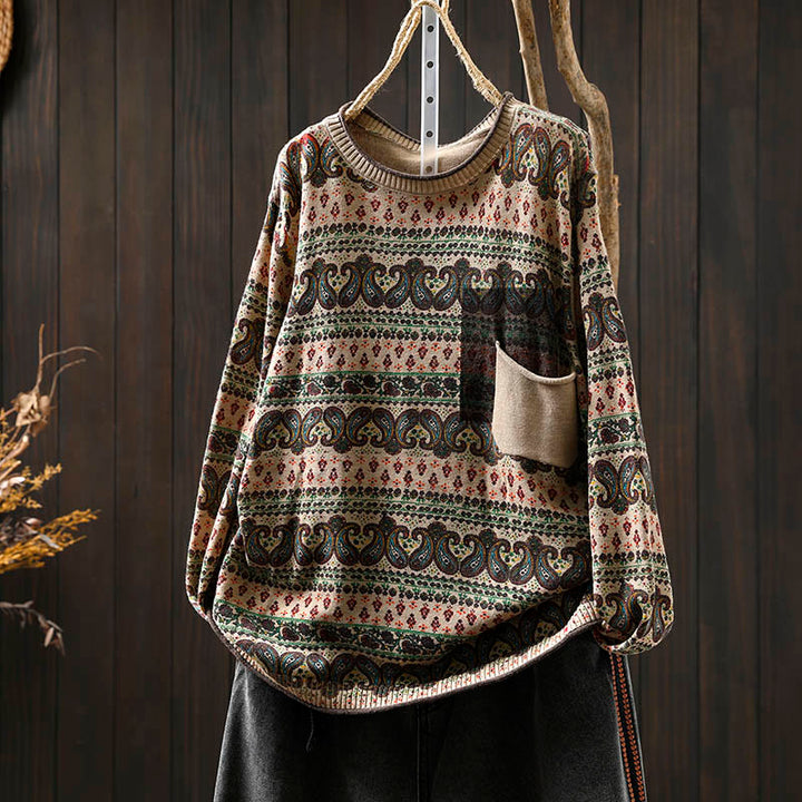 Sweter damski bawełniany z okrągłym dekoltem i kieszenią, z motywem Buddha Stones i motywem roślinnym - AntiqueWhite - US4-6, UK/AU8-10, EU36-38 (F) - image 0