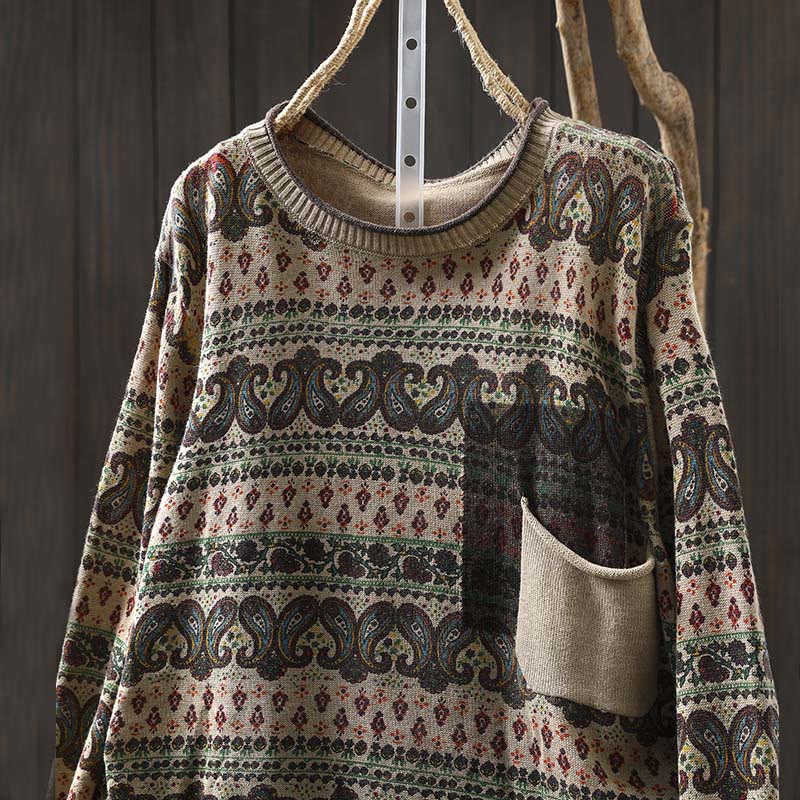 Sweter damski bawełniany z okrągłym dekoltem i kieszenią, z motywem Buddha Stones i motywem roślinnym - image 1