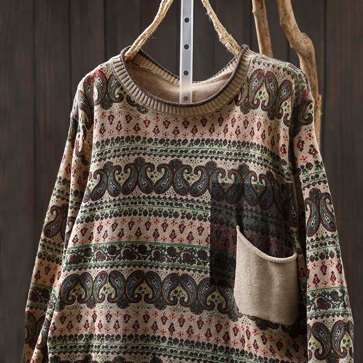 Sweter damski bawełniany z okrągłym dekoltem i kieszenią, z motywem Buddha Stones i motywem roślinnym - image 1