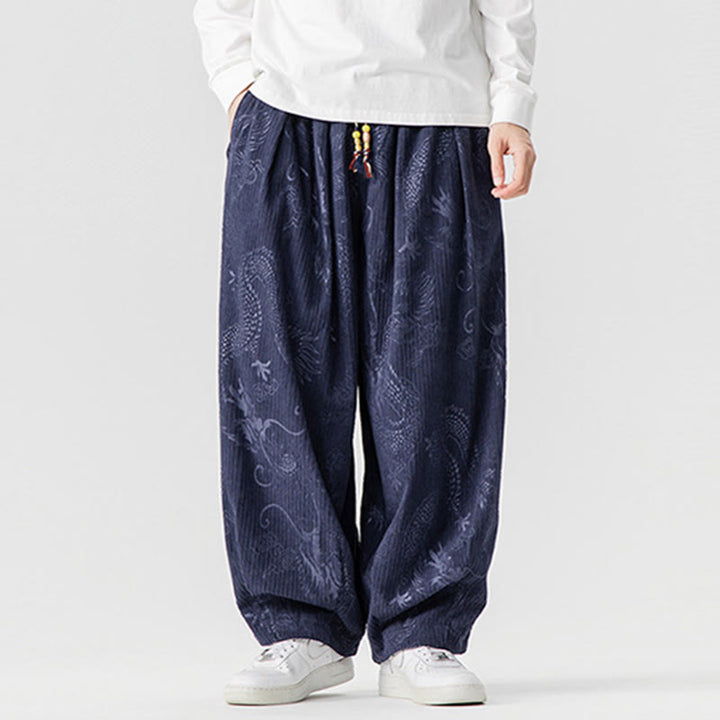 Męskie spodnie haremowe z bawełny sztruksowej z motywem smoka i feniksa, z motywem kamieni Buddha Stones, z kieszeniami - image 17