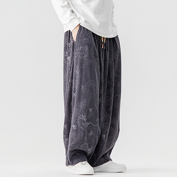 Męskie spodnie haremowe z bawełny sztruksowej z motywem smoka i feniksa, z motywem kamieni Buddha Stones, z kieszeniami - image 26