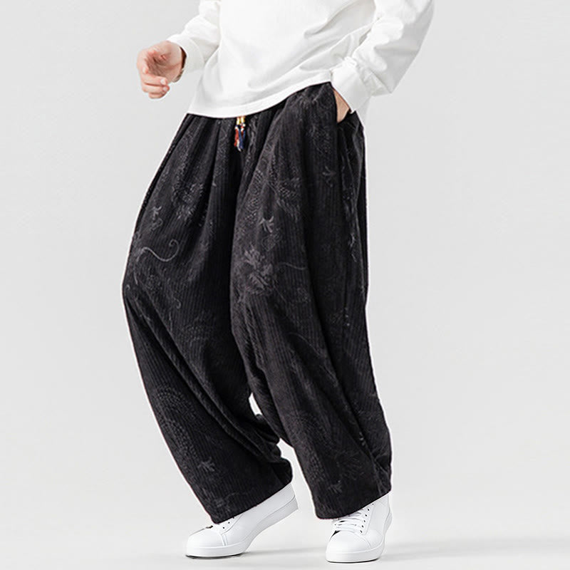 Męskie spodnie haremowe z bawełny sztruksowej z motywem smoka i feniksa, z motywem kamieni Buddha Stones, z kieszeniami - image 36