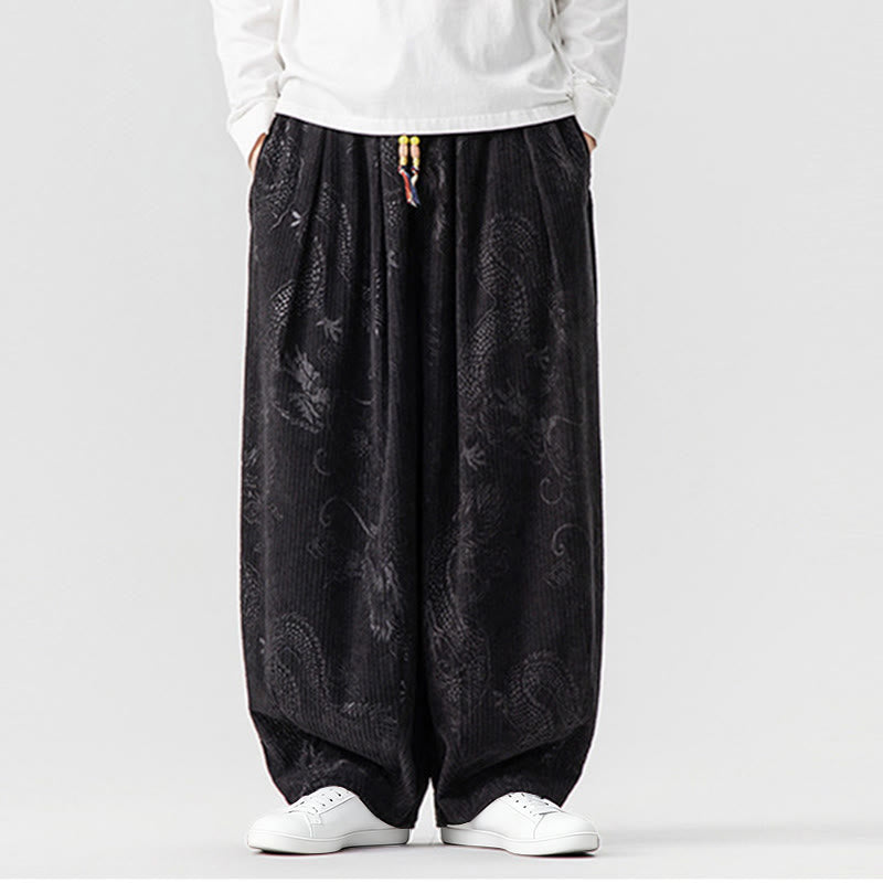 Męskie spodnie haremowe z bawełny sztruksowej z motywem smoka i feniksa, z motywem kamieni Buddha Stones, z kieszeniami - Czarny - US/UK/AU46， EU56 (5XL) - image 31