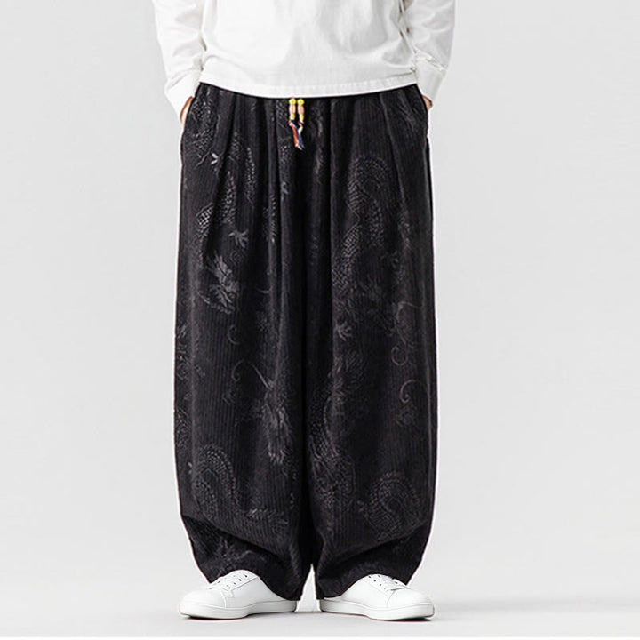 Męskie spodnie haremowe z bawełny sztruksowej z motywem smoka i feniksa, z motywem kamieni Buddha Stones, z kieszeniami - Czarny - US/UK/AU46， EU56 (5XL) - image 31
