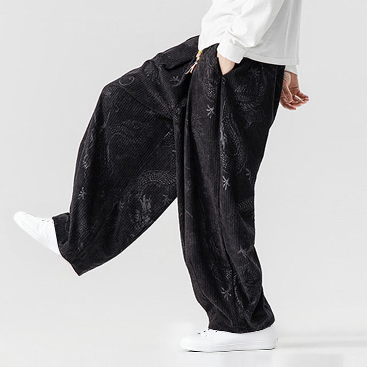 Męskie spodnie haremowe z bawełny sztruksowej z motywem smoka i feniksa, z motywem kamieni Buddha Stones, z kieszeniami - image 37