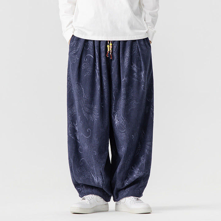 Męskie spodnie haremowe z bawełny sztruksowej z motywem smoka i feniksa, z motywem kamieni Buddha Stones, z kieszeniami - DarkSlateBlue - US/UK/AU46， EU56 (5XL) - image 16