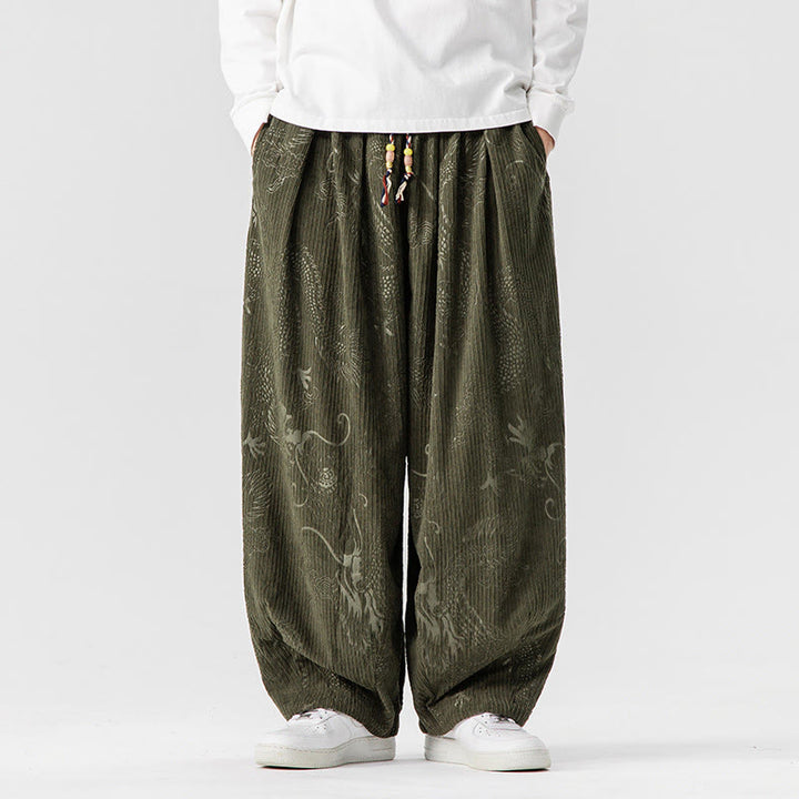 Męskie spodnie haremowe z bawełny sztruksowej z motywem smoka i feniksa, z motywem kamieni Buddha Stones, z kieszeniami - DarkOliveGreen - US/UK/AU46， EU56 (5XL) - image 1