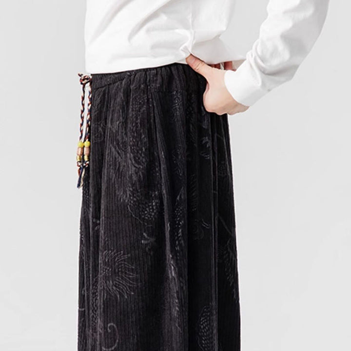 Męskie spodnie haremowe z bawełny sztruksowej z motywem smoka i feniksa, z motywem kamieni Buddha Stones, z kieszeniami - image 38