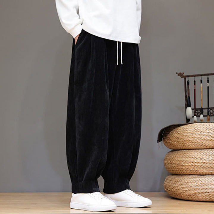 Męskie spodnie haremowe z grubej bawełny Buddha Stones Winter Pure Color z kieszeniami i podszewką z polaru - Czarny - US/UK/AU46， EU56 (5XL) - image 8