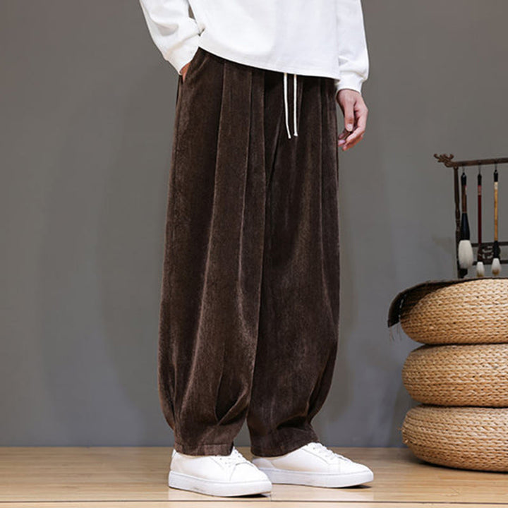 Męskie spodnie haremowe z grubej bawełny Buddha Stones Winter Pure Color z kieszeniami i podszewką z polaru - SaddleBrown - US/UK/AU46， EU56 (5XL) - image 16