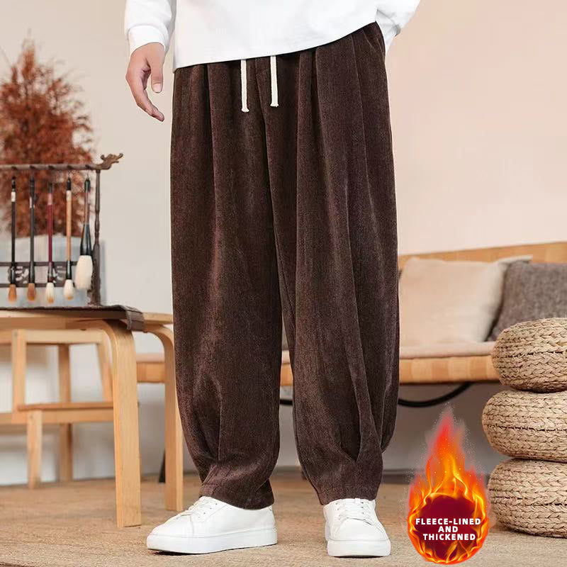 Męskie spodnie haremowe z grubej bawełny Buddha Stones Winter Pure Color z kieszeniami i podszewką z polaru - SaddleBrown (podszyty polarem) - US/UK/AU46， EU56 (5XL) - image 29