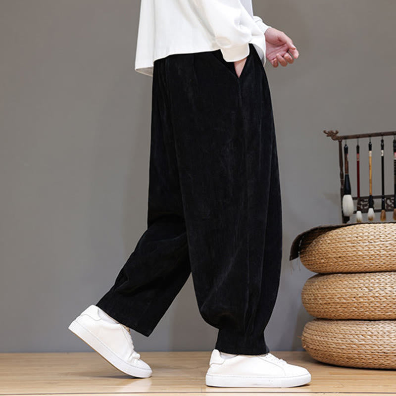 Męskie spodnie haremowe z grubej bawełny Buddha Stones Winter Pure Color z kieszeniami i podszewką z polaru - image 13