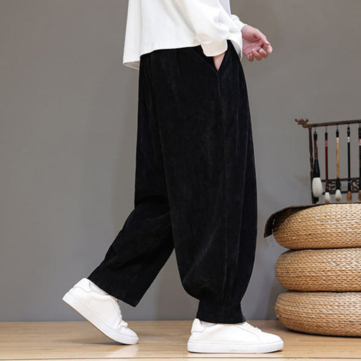 Męskie spodnie haremowe z grubej bawełny Buddha Stones Winter Pure Color z kieszeniami i podszewką z polaru - image 13