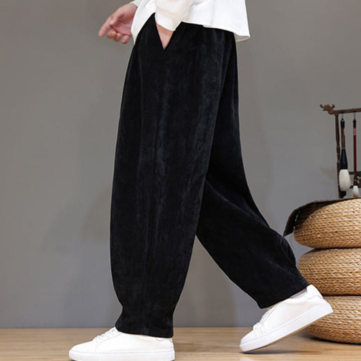 Męskie spodnie haremowe z grubej bawełny Buddha Stones Winter Pure Color z kieszeniami i podszewką z polaru - image 12