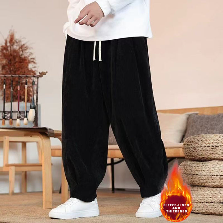 Męskie spodnie haremowe z grubej bawełny Buddha Stones Winter Pure Color z kieszeniami i podszewką z polaru - Czarny (podszyty polarem) - US/UK/AU46， EU56 (5XL) - image 27