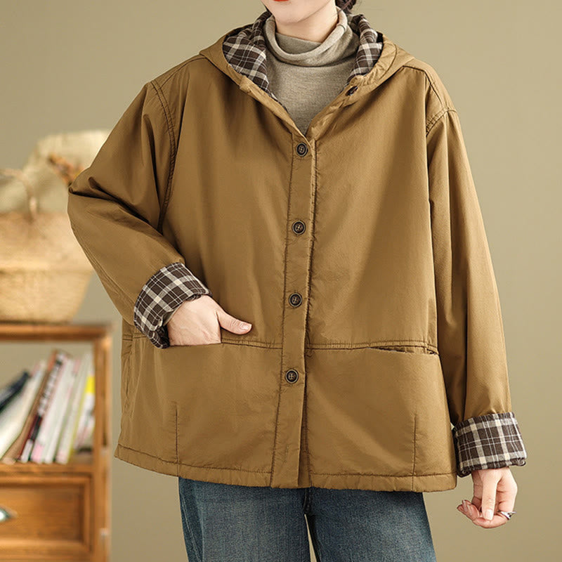 Kurtka damska z długim rękawem, bawełniana, gruba, z kapturem i kieszeniami, w kratę z Buddha Stones - image 1