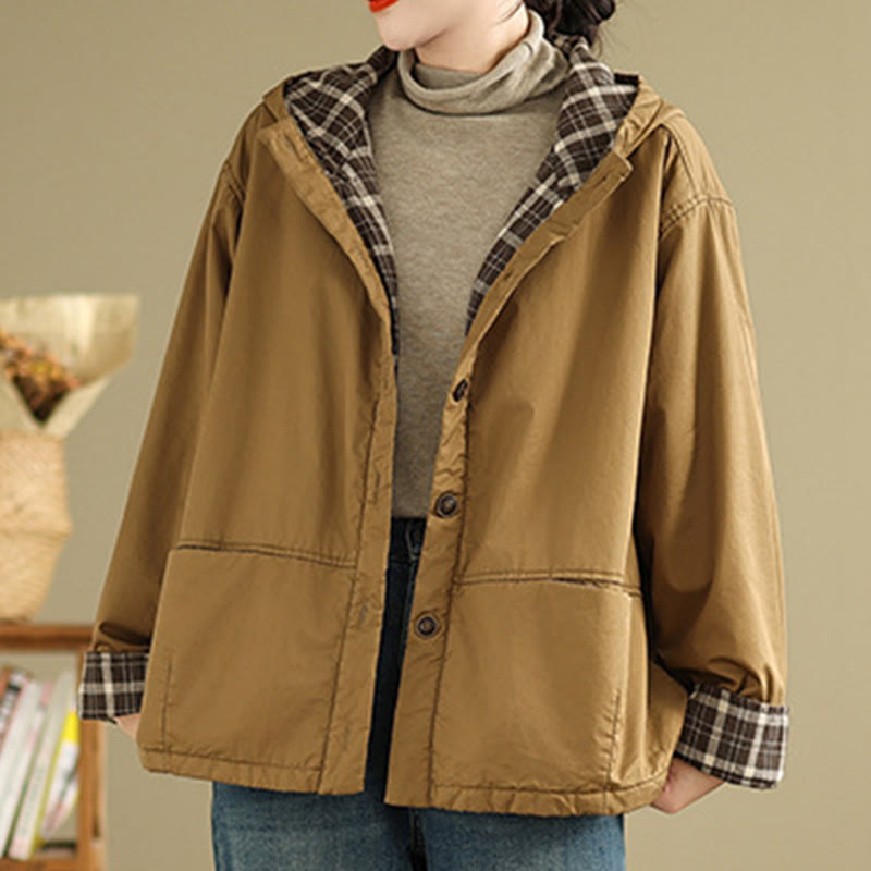 Kurtka damska z długim rękawem, bawełniana, gruba, z kapturem i kieszeniami, w kratę z Buddha Stones - image 2