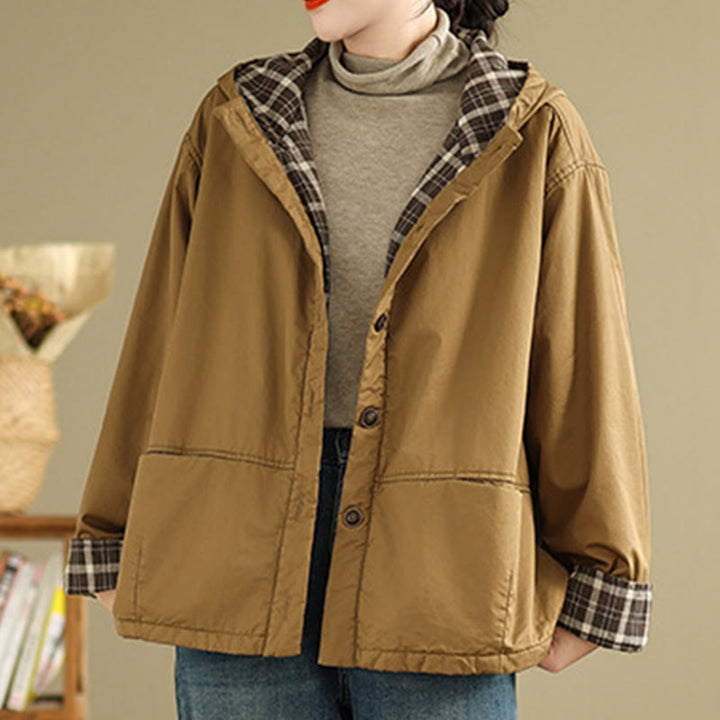 Kurtka damska z długim rękawem, bawełniana, gruba, z kapturem i kieszeniami, w kratę z Buddha Stones - image 2