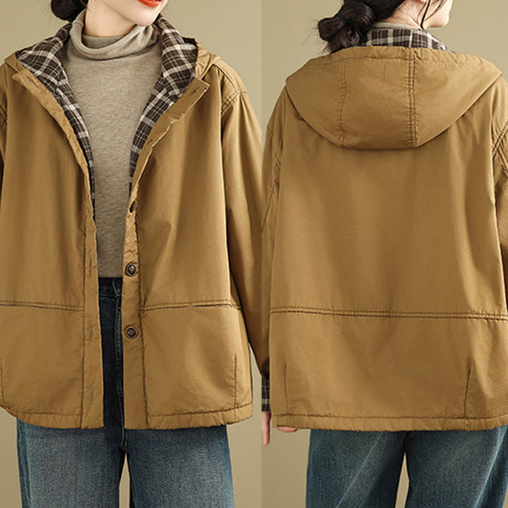 Kurtka damska z długim rękawem, bawełniana, gruba, z kapturem i kieszeniami, w kratę z Buddha Stones - image 3