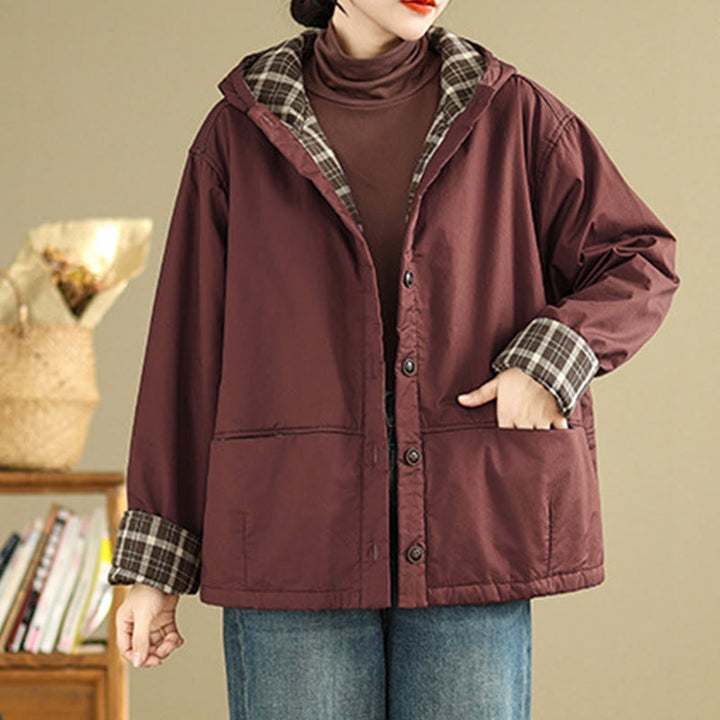 Kurtka damska z długim rękawem, bawełniana, gruba, z kapturem i kieszeniami, w kratę z Buddha Stones - image 6