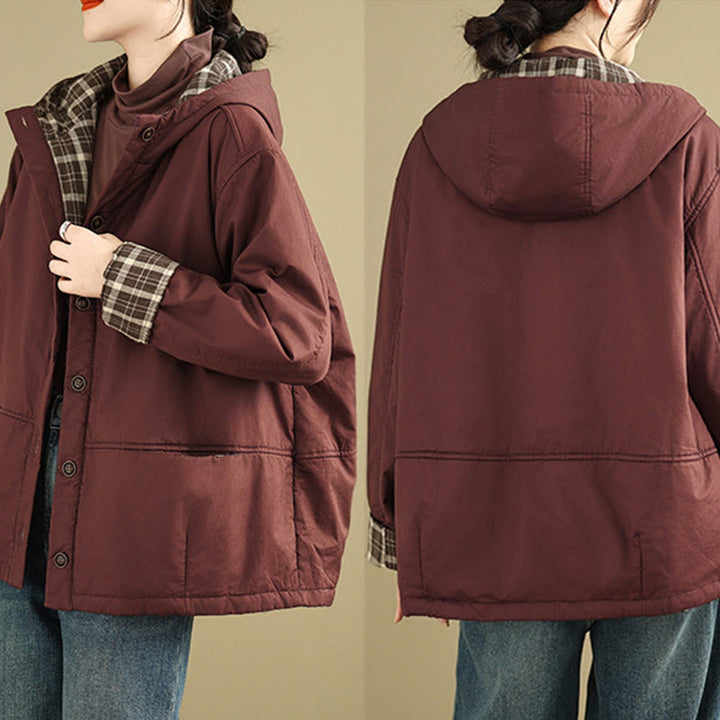 Kurtka damska z długim rękawem, bawełniana, gruba, z kapturem i kieszeniami, w kratę z Buddha Stones - image 8