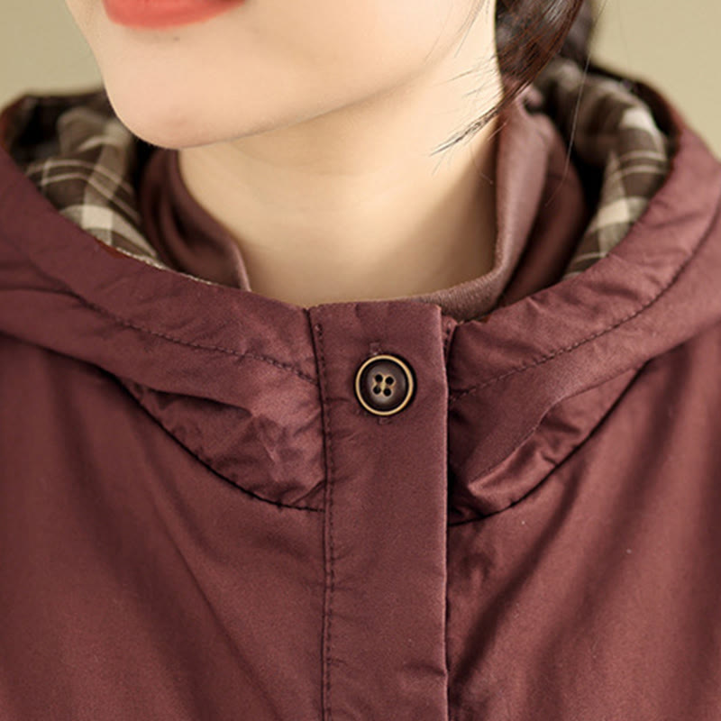 Kurtka damska z długim rękawem, bawełniana, gruba, z kapturem i kieszeniami, w kratę z Buddha Stones - image 9