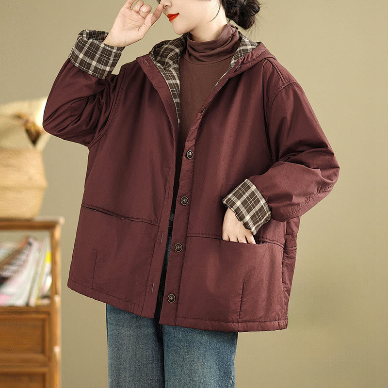 Kurtka damska z długim rękawem, bawełniana, gruba, z kapturem i kieszeniami, w kratę z Buddha Stones - Kasztanowaty - US12, UK/AU16, EU44 (XL) - image 4