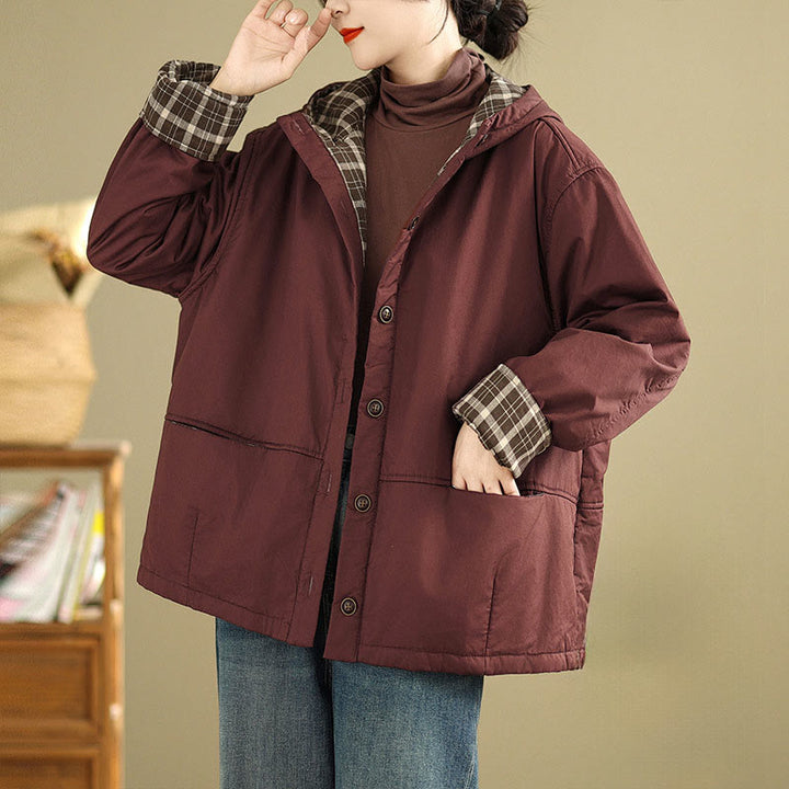 Kurtka damska z długim rękawem, bawełniana, gruba, z kapturem i kieszeniami, w kratę z Buddha Stones - Kasztanowaty - US12, UK/AU16, EU44 (XL) - image 4