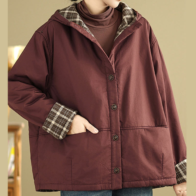 Kurtka damska z długim rękawem, bawełniana, gruba, z kapturem i kieszeniami, w kratę z Buddha Stones - image 7