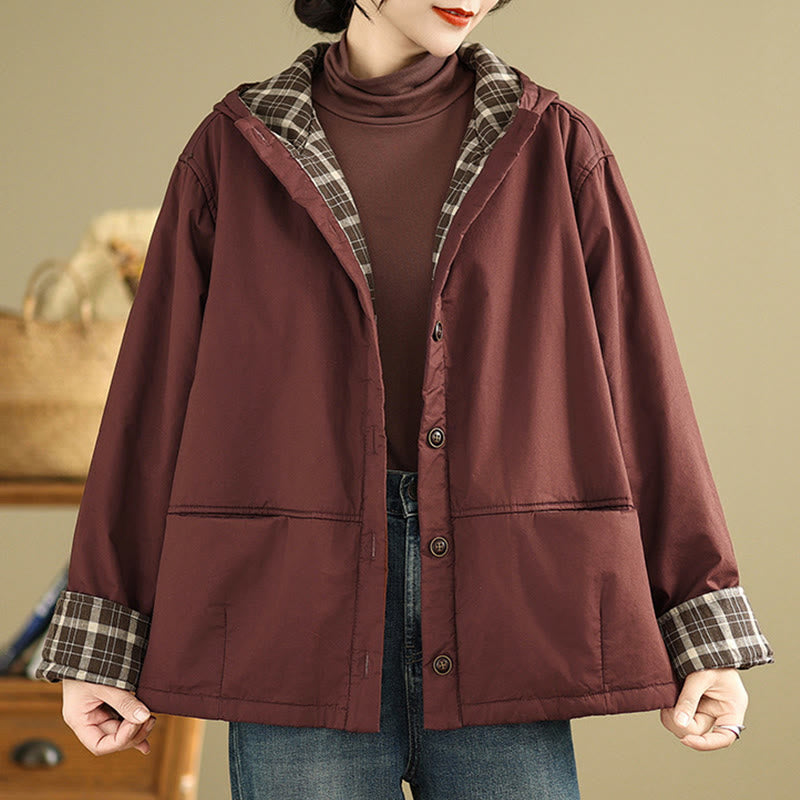 Kurtka damska z długim rękawem, bawełniana, gruba, z kapturem i kieszeniami, w kratę z Buddha Stones - image 5