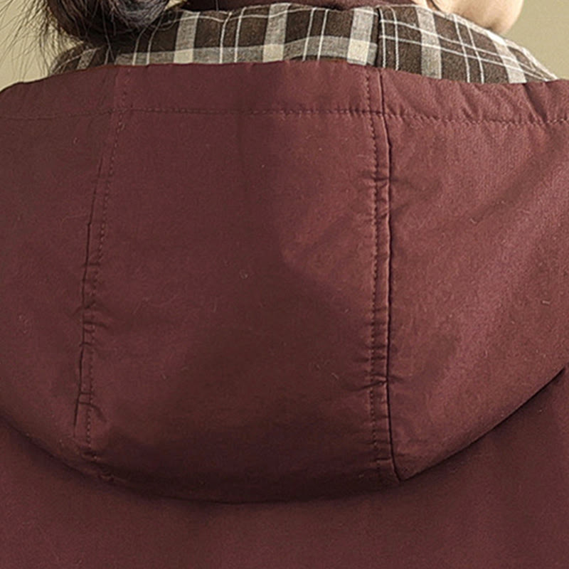 Kurtka damska z długim rękawem, bawełniana, gruba, z kapturem i kieszeniami, w kratę z Buddha Stones - image 11