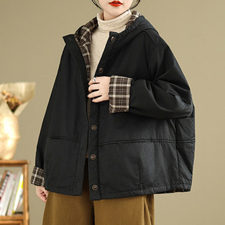 Kurtka damska z długim rękawem, bawełniana, gruba, z kapturem i kieszeniami, w kratę z Buddha Stones - image 14