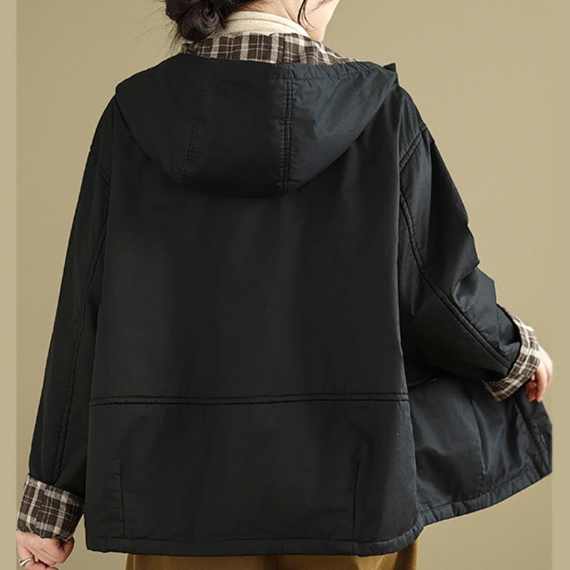 Kurtka damska z długim rękawem, bawełniana, gruba, z kapturem i kieszeniami, w kratę z Buddha Stones - image 18