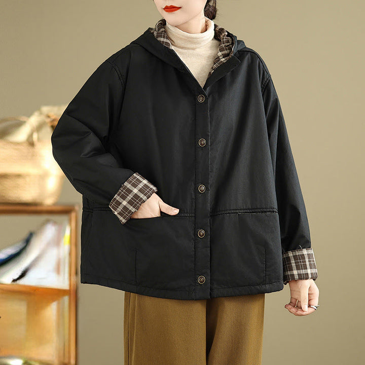 Kurtka damska z długim rękawem, bawełniana, gruba, z kapturem i kieszeniami, w kratę z Buddha Stones - Czarny - US12, UK/AU16, EU44 (XL) - image 13