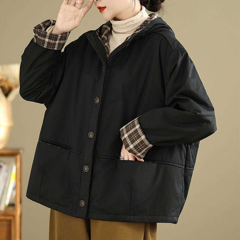 Kurtka damska z długim rękawem, bawełniana, gruba, z kapturem i kieszeniami, w kratę z Buddha Stones - image 16