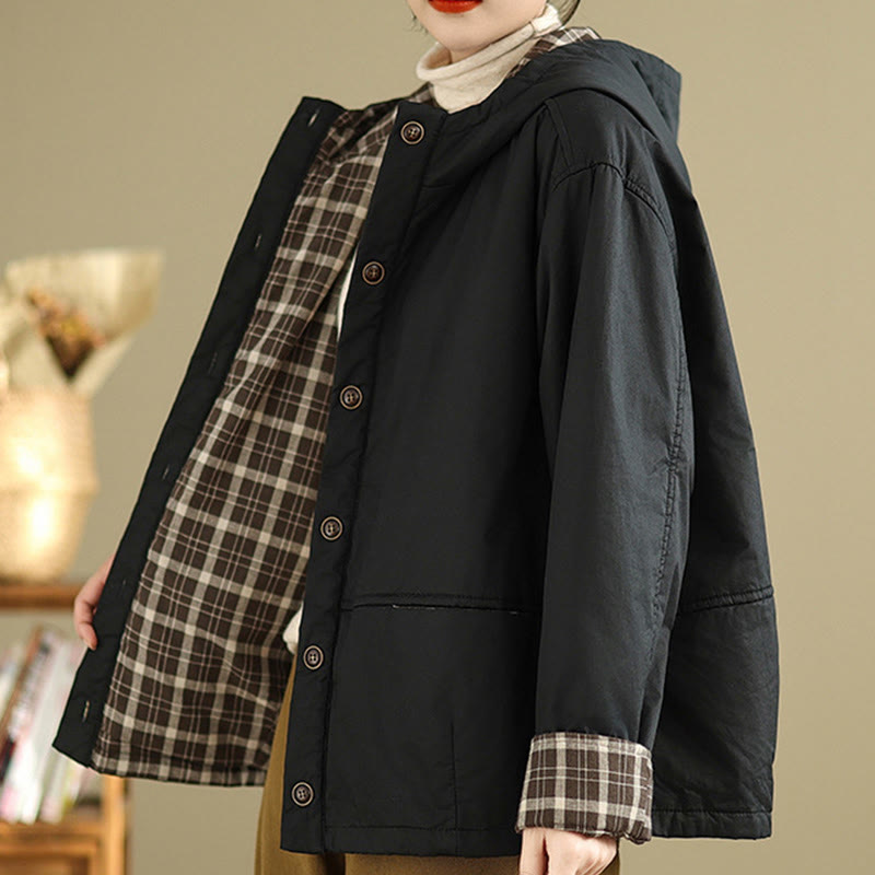 Kurtka damska z długim rękawem, bawełniana, gruba, z kapturem i kieszeniami, w kratę z Buddha Stones - image 17