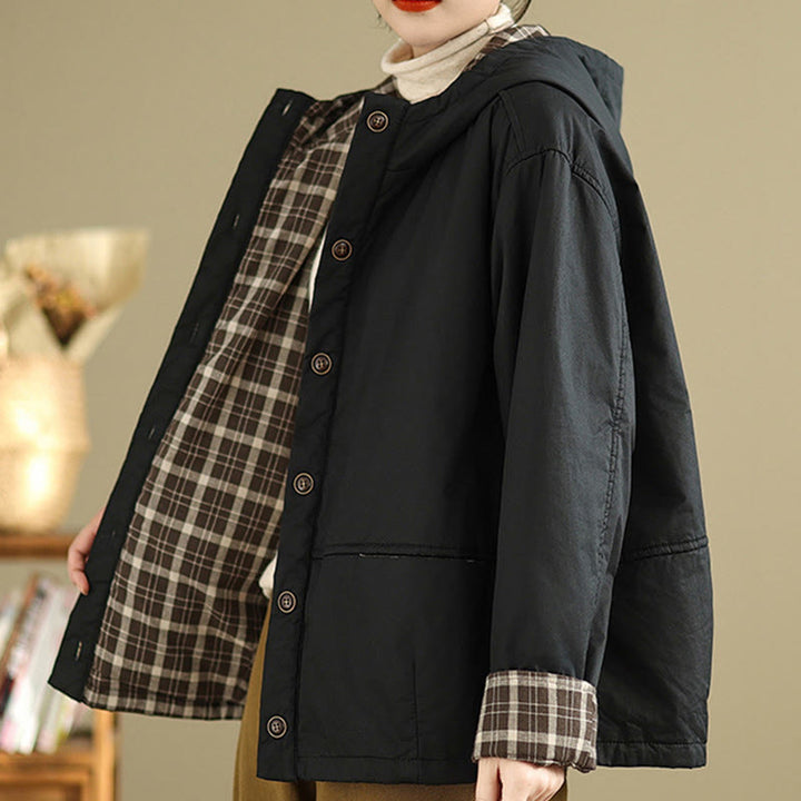 Kurtka damska z długim rękawem, bawełniana, gruba, z kapturem i kieszeniami, w kratę z Buddha Stones - image 17