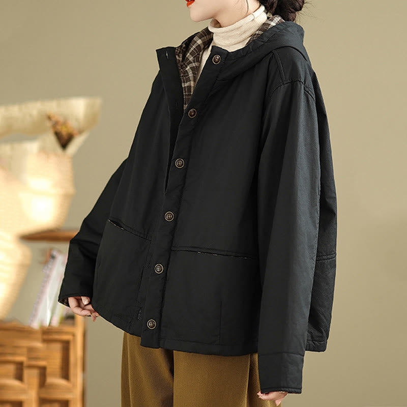 Kurtka damska z długim rękawem, bawełniana, gruba, z kapturem i kieszeniami, w kratę z Buddha Stones - image 15