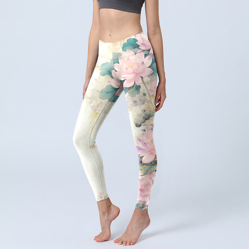 Legginsy do jogi damskie, z nadrukiem, płatki lotosu i liście, Buddha Stones - GhostWhite - US18, UK/AU22, EU50 (4XL) - image 0