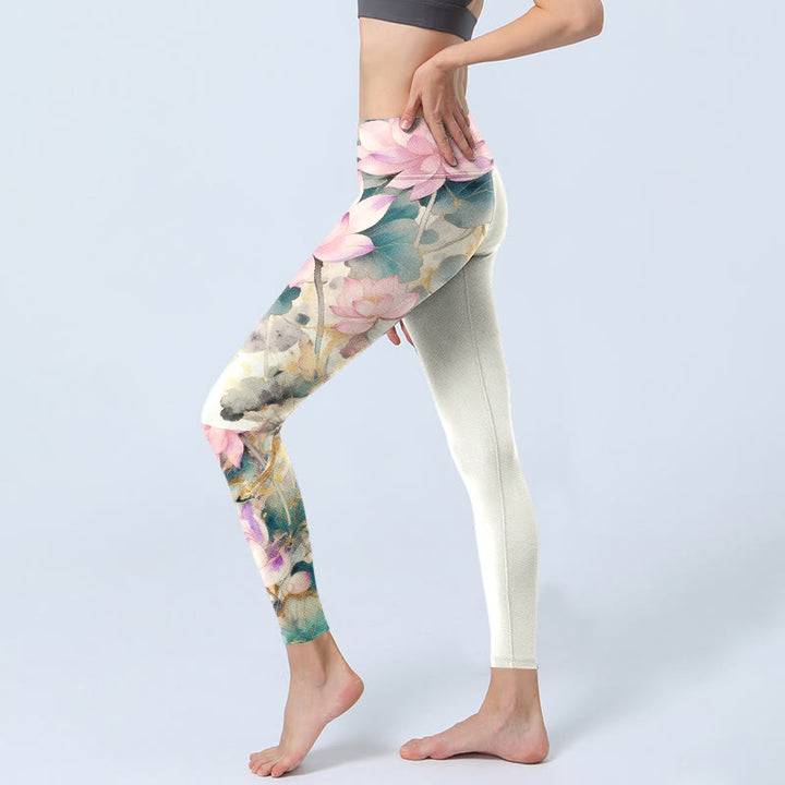 Legginsy do jogi damskie, z nadrukiem, płatki lotosu i liście, Buddha Stones - image 2