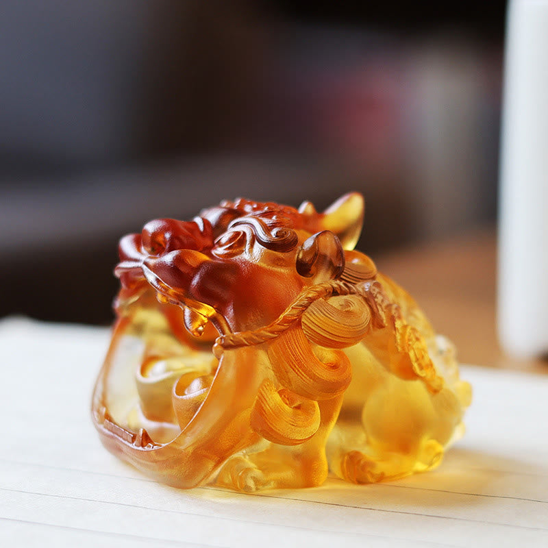 Ręcznie robione Buddha Stones z kryształu Liuli w kolorze złota, połykające PiXiu, dzieło sztuki do dekoracji domu - Żółty PiXiu 7,8*6,5*5,5 cm - image 0