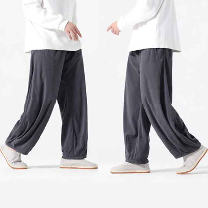 Spodnie haremowe męskie z kieszeniami, w kolorze sztruksu i bawełny Buddha Stones Spring, z czystym kolorem i ściągaczem - image 6