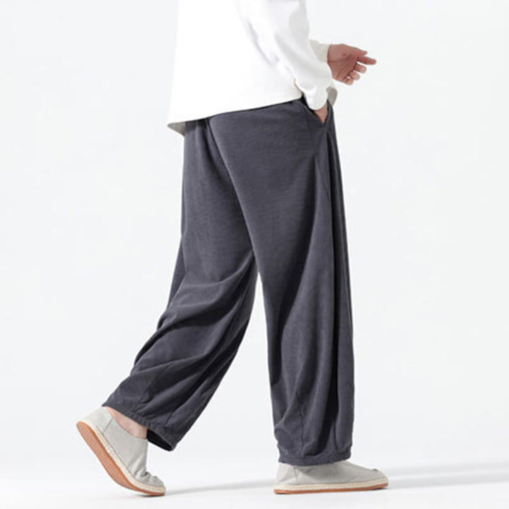 Spodnie haremowe męskie z kieszeniami, w kolorze sztruksu i bawełny Buddha Stones Spring, z czystym kolorem i ściągaczem - image 5