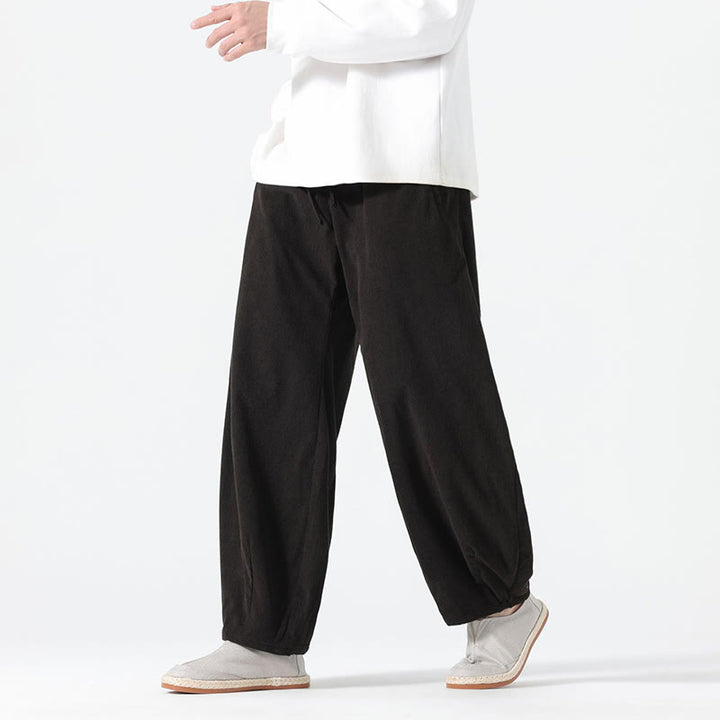 Spodnie haremowe męskie z kieszeniami, w kolorze sztruksu i bawełny Buddha Stones Spring, z czystym kolorem i ściągaczem - Czarny - US/UK/AU46， EU56 (5XL) - image 9
